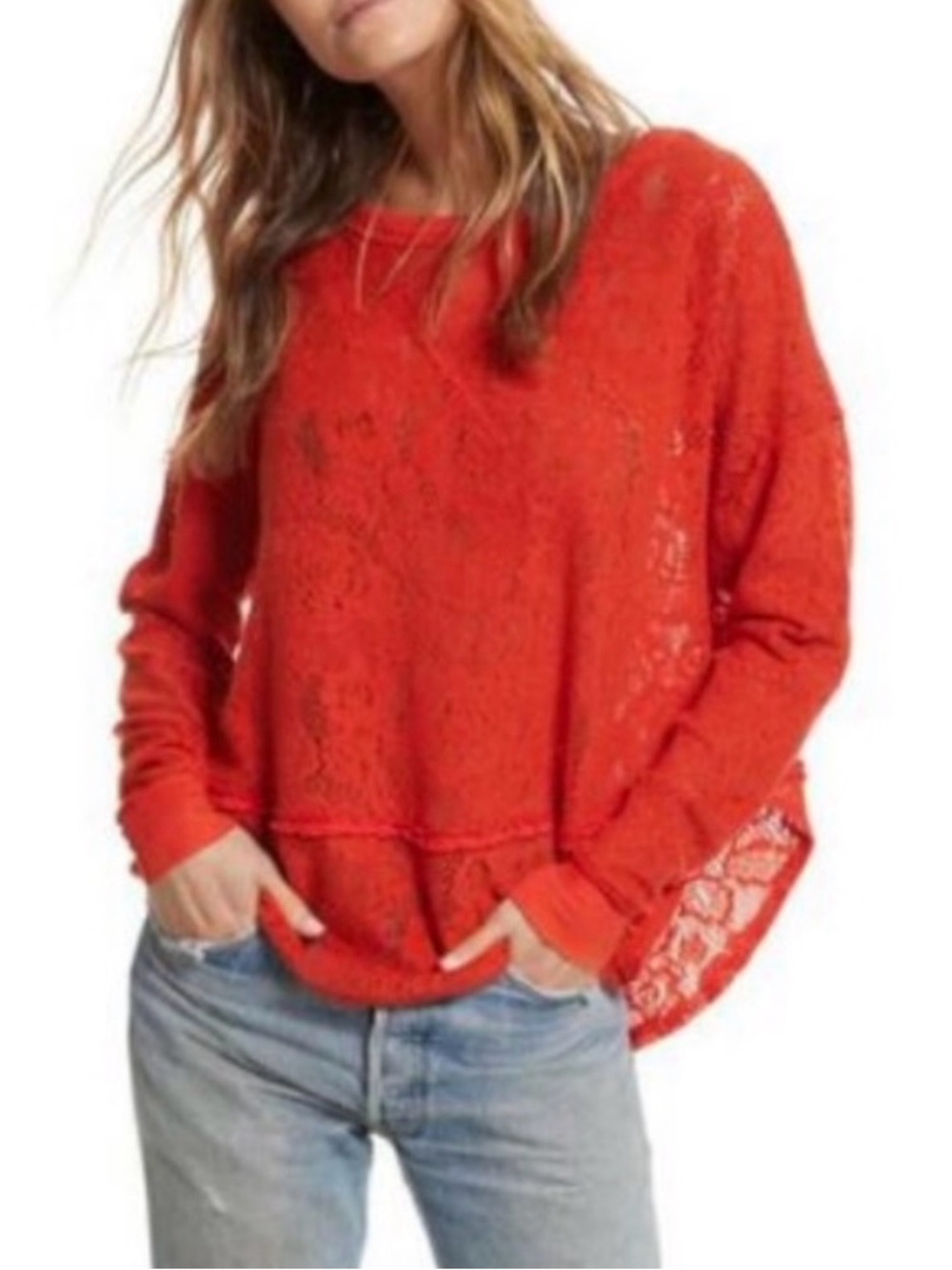 Free People Not Cold In This Orange Lace Oversized Knit Top Sz XS